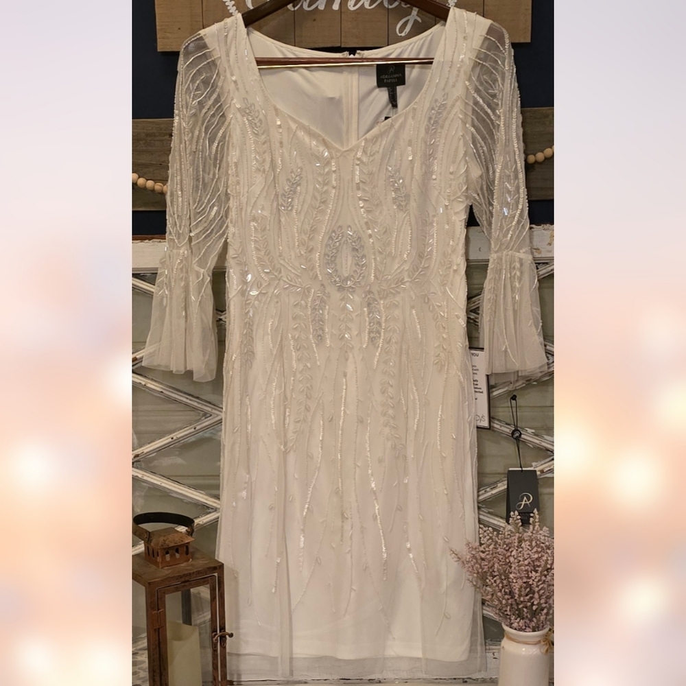 Adrianna Papell Ivory Beaded Dress with Bell Sleeves - AP1E209387 NWT
